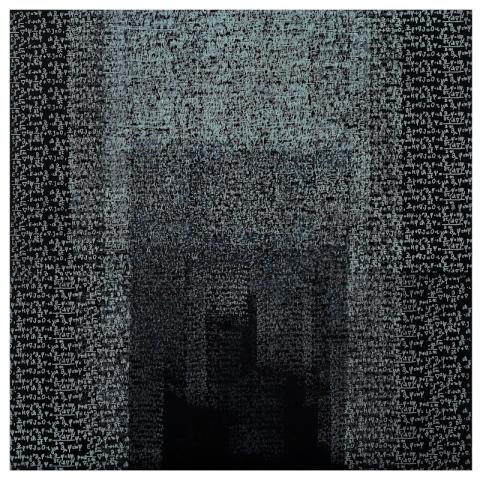 Marina Bindella Studio per Il mare di Dirac 1, 2026, olio, stampa da polimero e graffito su tavola, cm 35 x 35