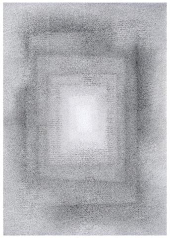 Marina Bindella, Apeiron IV, 2017, disegno a penna, stampa da polimero e graffito su tavola, cm 100 x 70