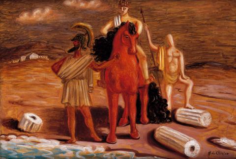 Giorgio de Chirico, Cavaliere con due personaggi antichi in riva al mare